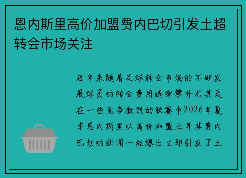 恩内斯里高价加盟费内巴切引发土超转会市场关注 恩内斯里高价加盟费内巴切引发土超转会市场关注